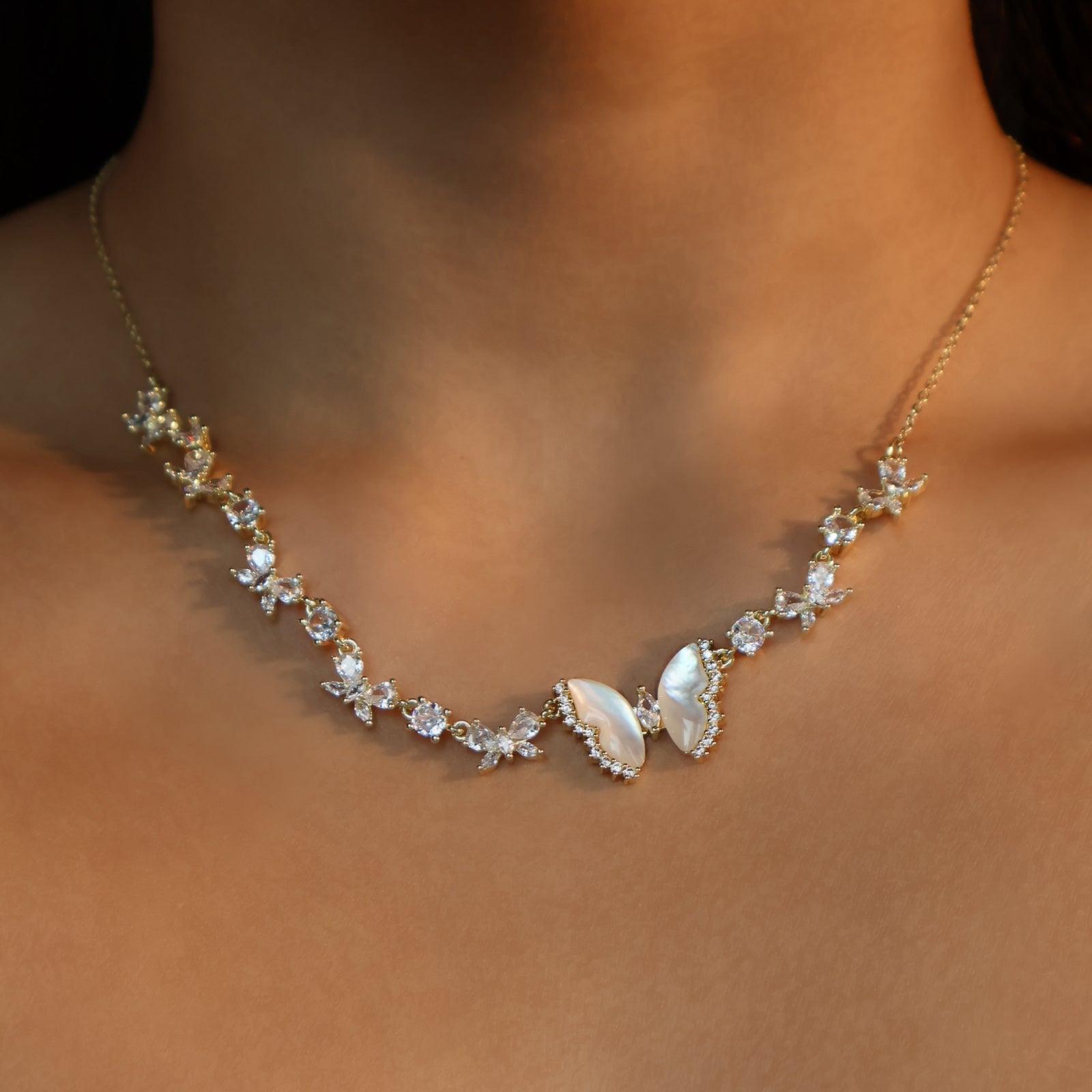 Elara Butterfly Diamanté Necklace (gold & silver)