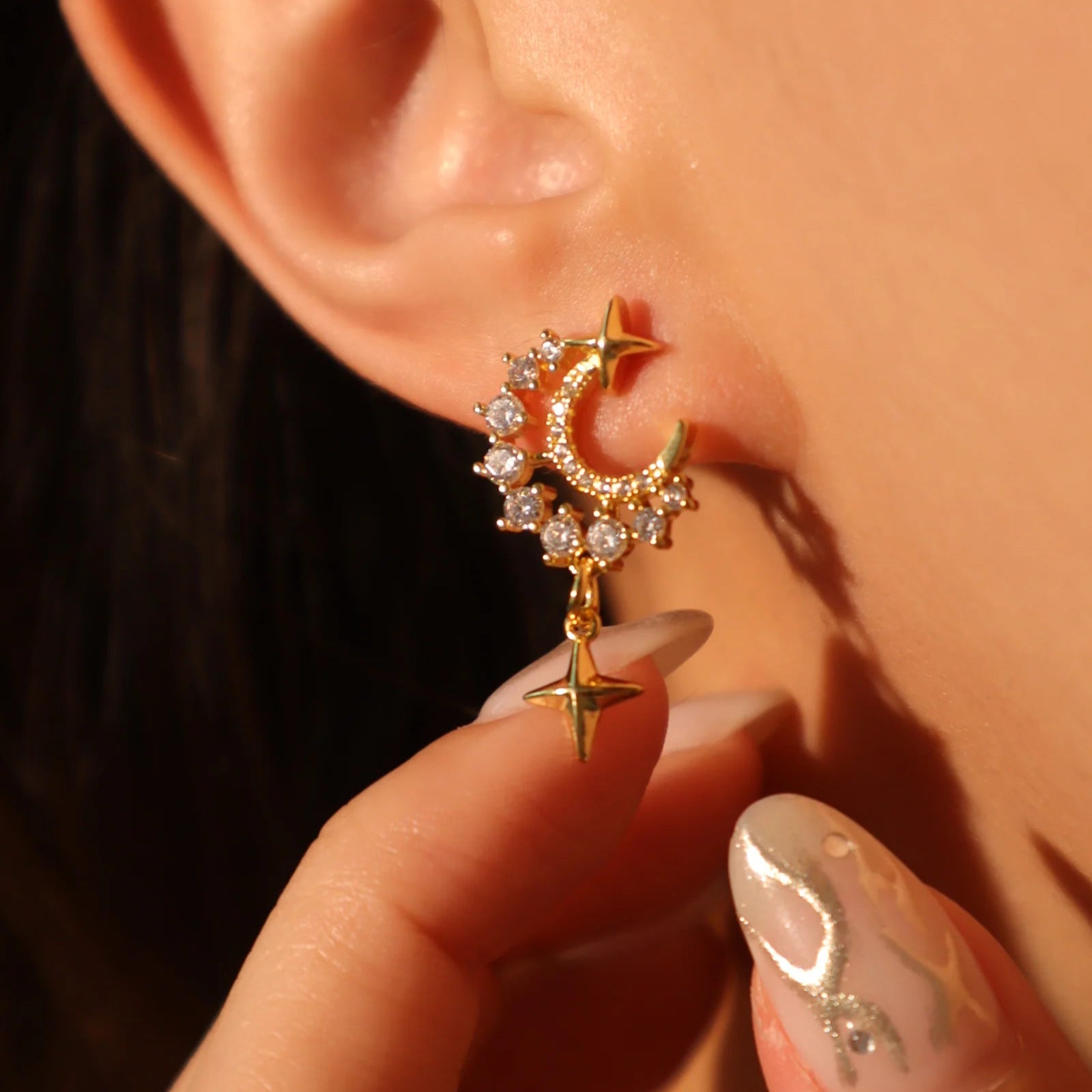 Gold Diamanté Moon & Star Earrings